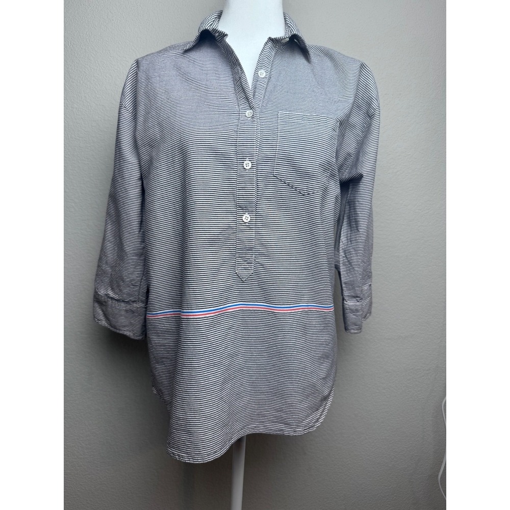 J.Crew Womens Navy White Striped Popover Tunic Shirt Size 0 3/4 Sleeve Button Up